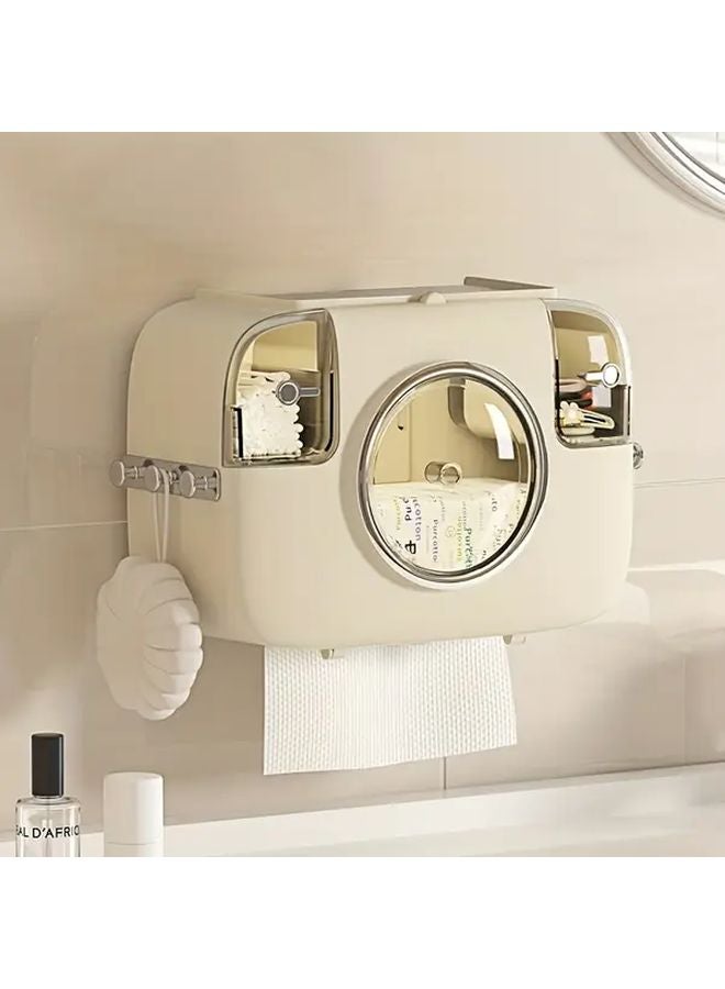 حامل مناديل مثبت على الحائط باللون الكريمي الأبيض، سعة كبيرة، تركيب بدون حفر، منظف الحمام - Image 4